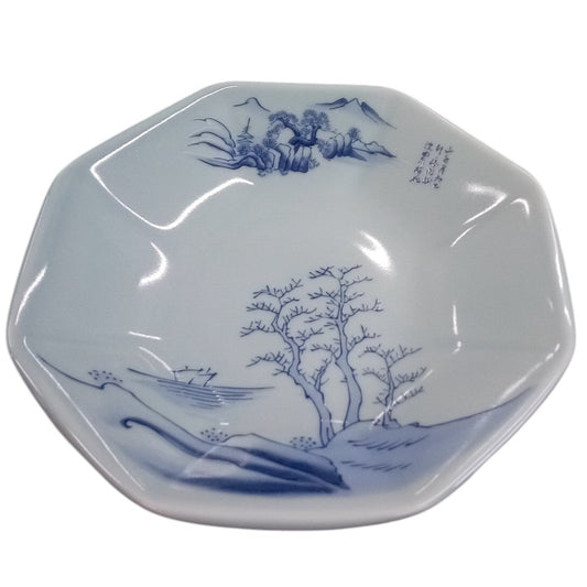 高台皿・チャーハン皿 青磁上絵山水 八角皿 [19.8×18.7×5cm]