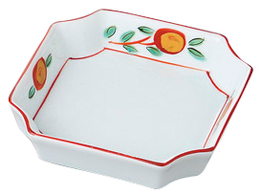 赤絵椿入角小鉢 [ 11.3 x 11.3 x 2.8cm ] [ 松花堂 ] | 和食 飲食店 行楽 料亭 業務用
