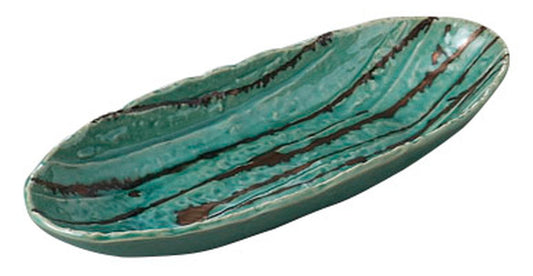 手作り風金乱線グリーン楕円長鉢 [ 29 x 12 x 4.5cm ] [ 変形盛皿 ] | 和食 飲食店 旅館 料亭 業務用