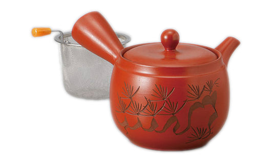 朱泥ツボ丸型松彫急須(ポイポイアミ)(U) [ 16.5 x 14 x 10cm 420cc ] [ 急須 ] | 和食 飲食店 自宅用 お茶 贈り物