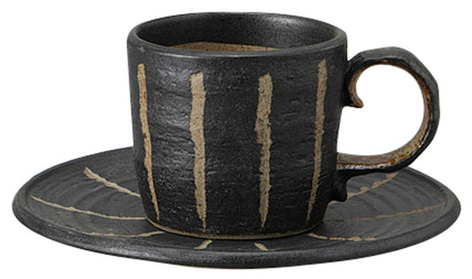 彫十草(黒)コーヒー碗皿 [ C:10.5 x 7.4 x 6.4cm 180㏄ S:15 x 1.4cm ] [ カップ＆ソーサー ] | 飲食店 喫茶店 カフェ レストラン 業務用