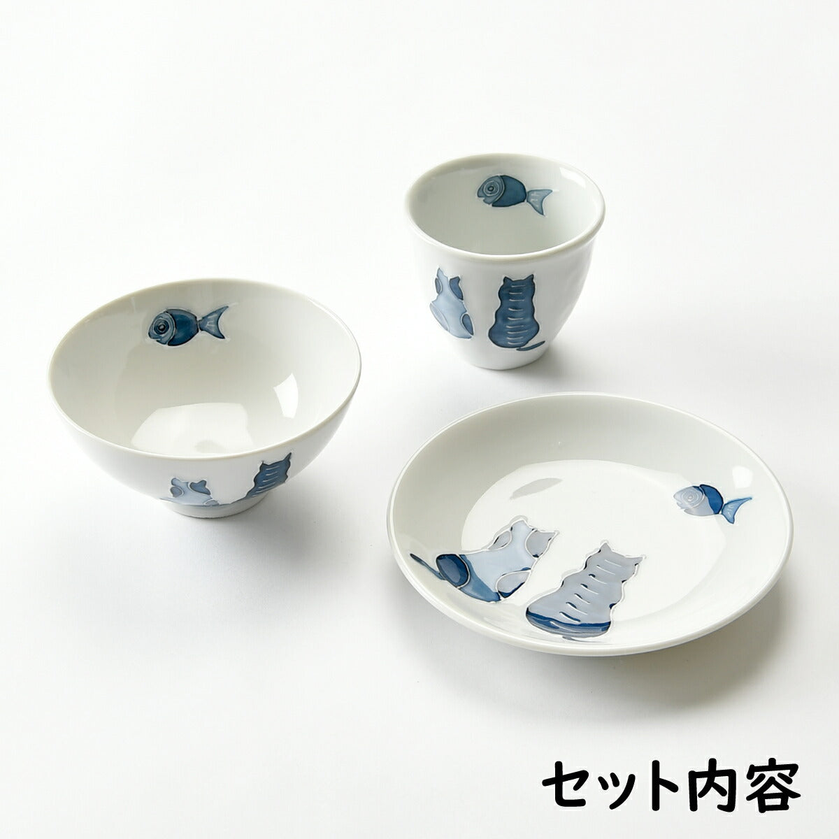 藍色の猫ちゃん食器３点セット