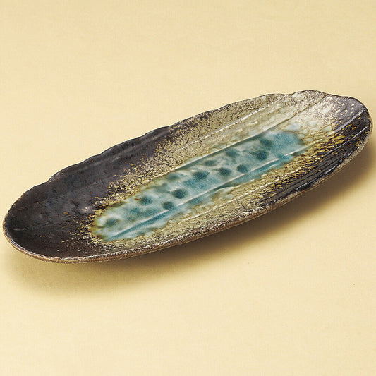 楕円皿 和三彩手作りサンマ皿 [ 33 x 13.5 x 3.8cm ]