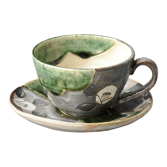 織部椿 珈琲碗皿 [ 10 x 6cm･250cc 15 x 1.8cm ] [ カップ＆ソーサー ] | コーヒー カップ ティー 紅茶 喫茶 碗皿 人気 おすすめ 食器 洋食器 業務用 飲食店 カフェ うつわ 器 おしゃれ かわいい ギフト プレゼント 引き出物 誕生日 贈答品 自宅 イベント パーティー