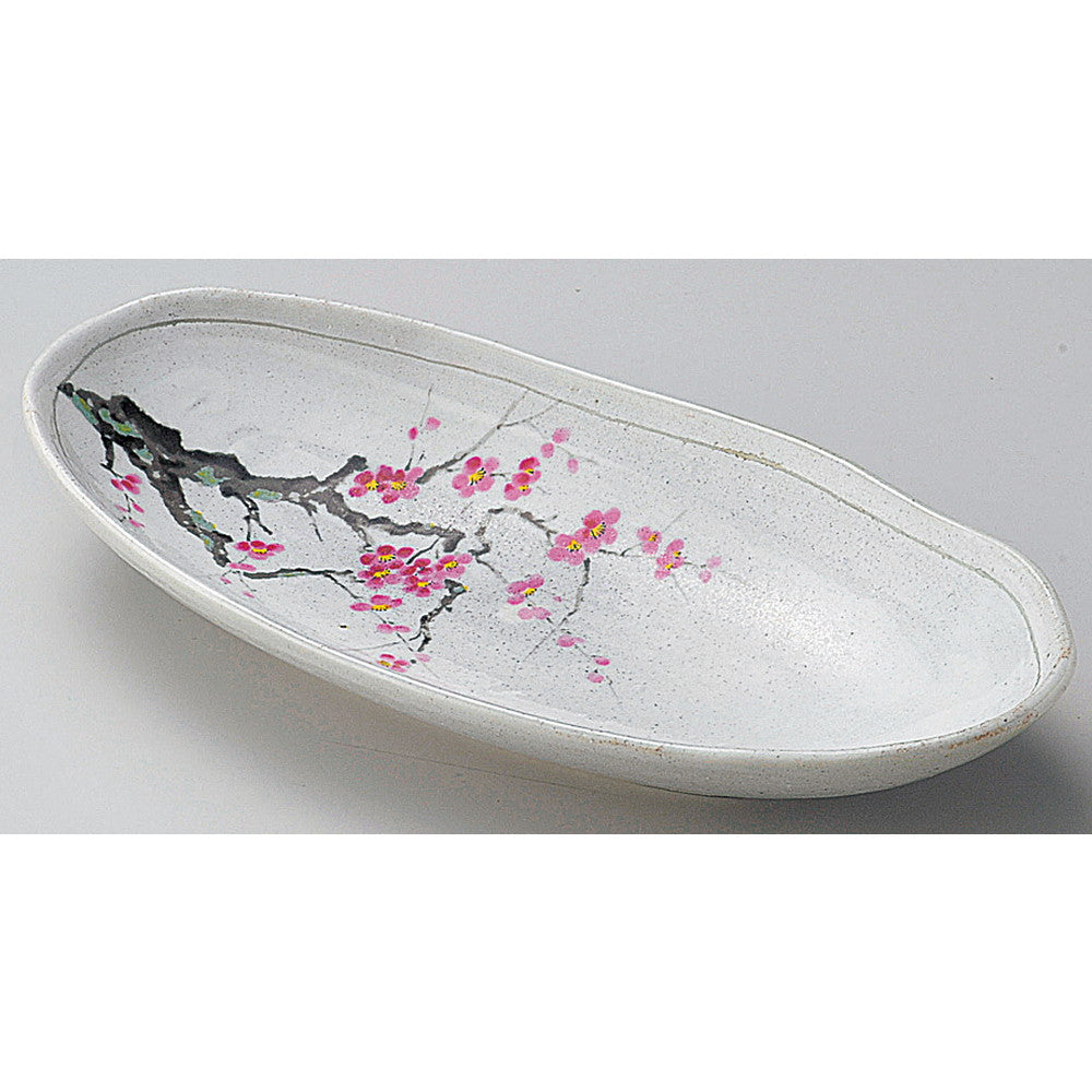 ☆ 楕円皿 ☆ 罫書紅梅変形9.0盛皿 [ 29.5 x 14.4 x 4.3cm ]