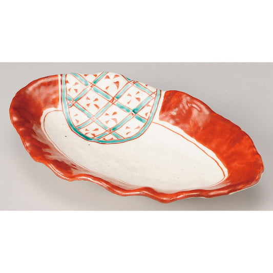 ☆ 楕円皿 ☆ 赤絵緑格子花型楕円皿 [ 26.5 x 16.1 x 4.5cm ]