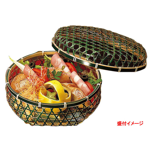 グリーン料理篭 (蓋付) [ 約Φ22 x H7cm ] 竹製品